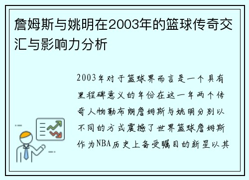 詹姆斯与姚明在2003年的篮球传奇交汇与影响力分析